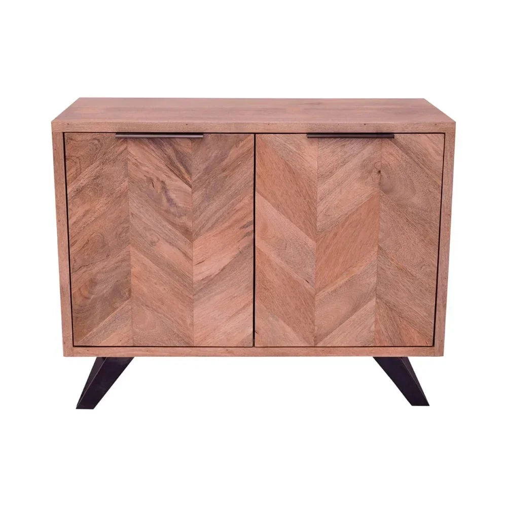 Chevron pattern wooden sideboard cabinet with double doors and angled black legs
