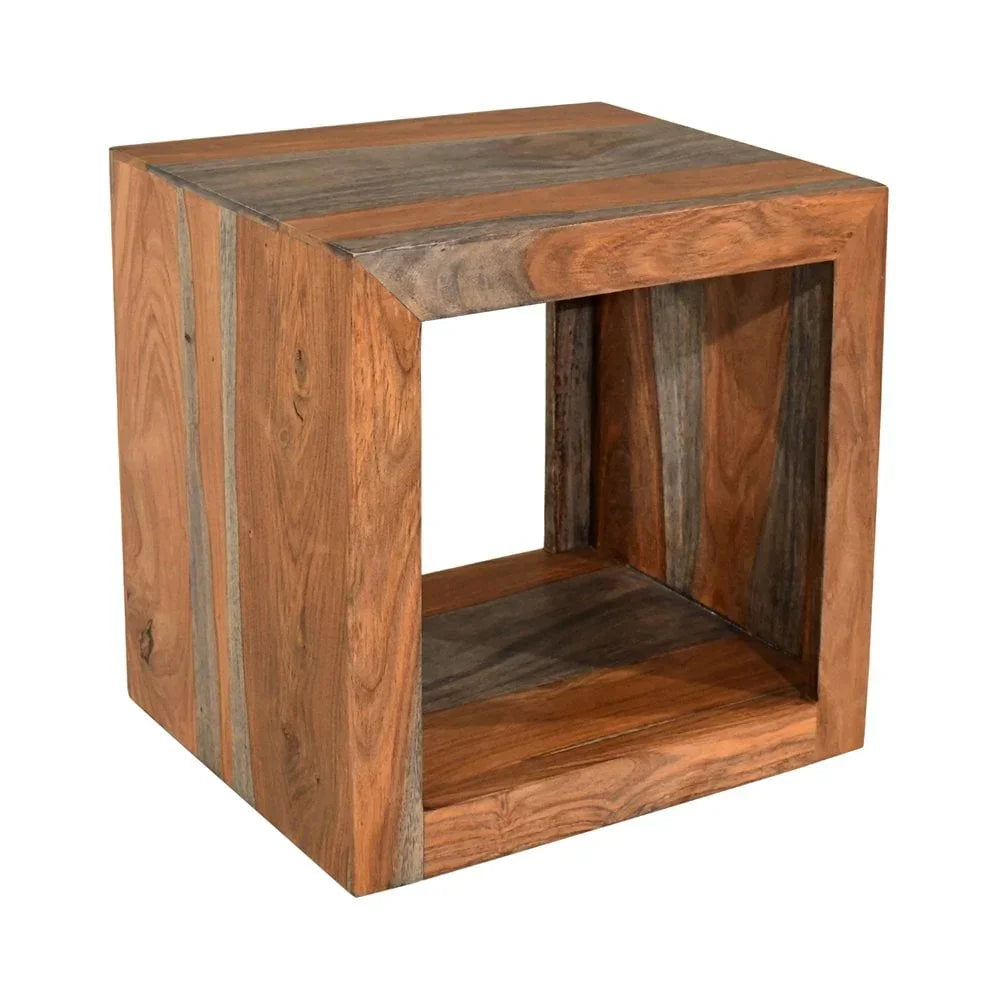 Solid wood cube side table with open shelf and natural brown and grey finish