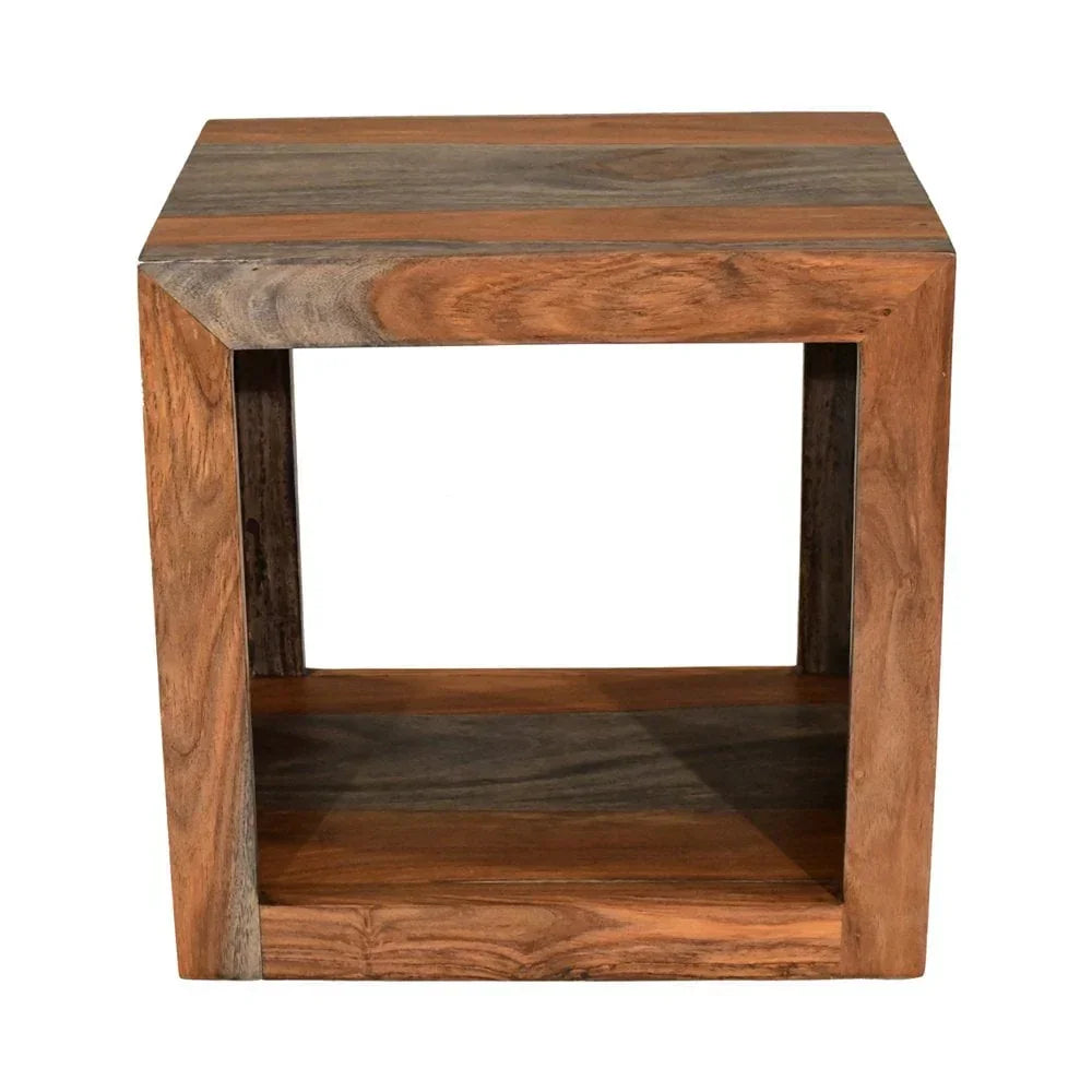 Square solid wood side table with open shelf and natural grain finish