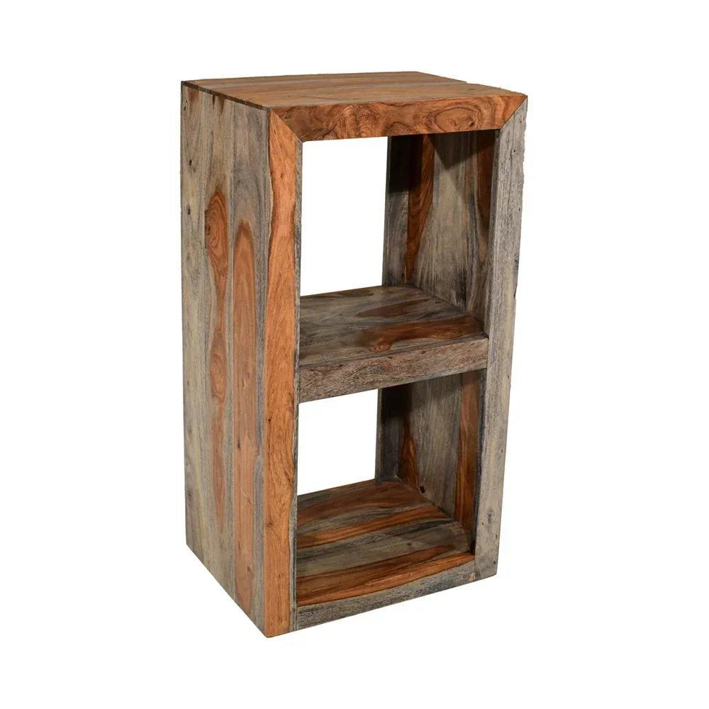 Rustic wood shelving unit with two open shelves and natural grain finish