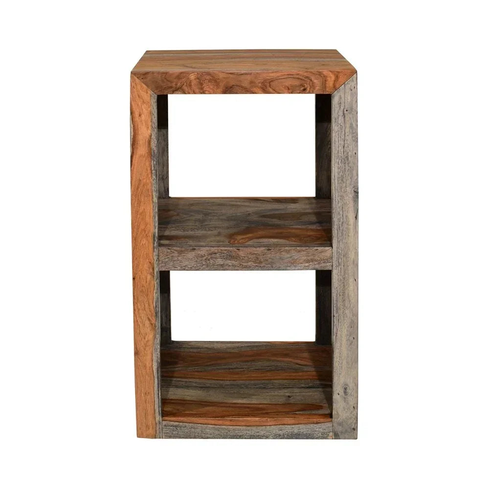 Solid wood side table with two open shelves, natural grain finish, front view