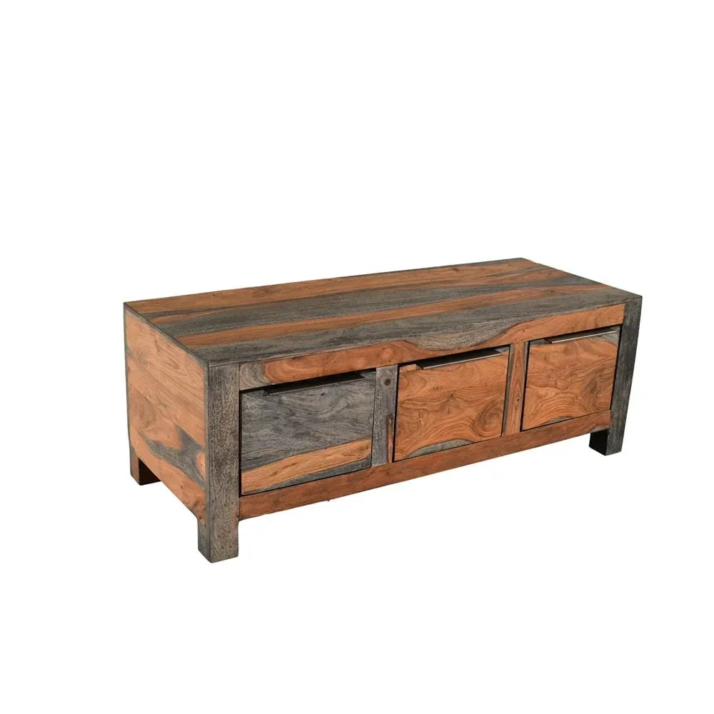 Rectangular wooden TV unit with three storage doors in mixed natural and dark wood finish