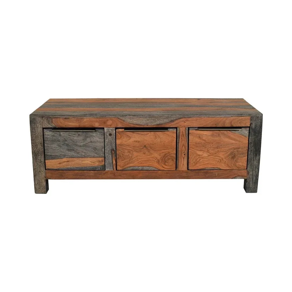 Solid wood TV unit with three doors in natural and dark finish, front view