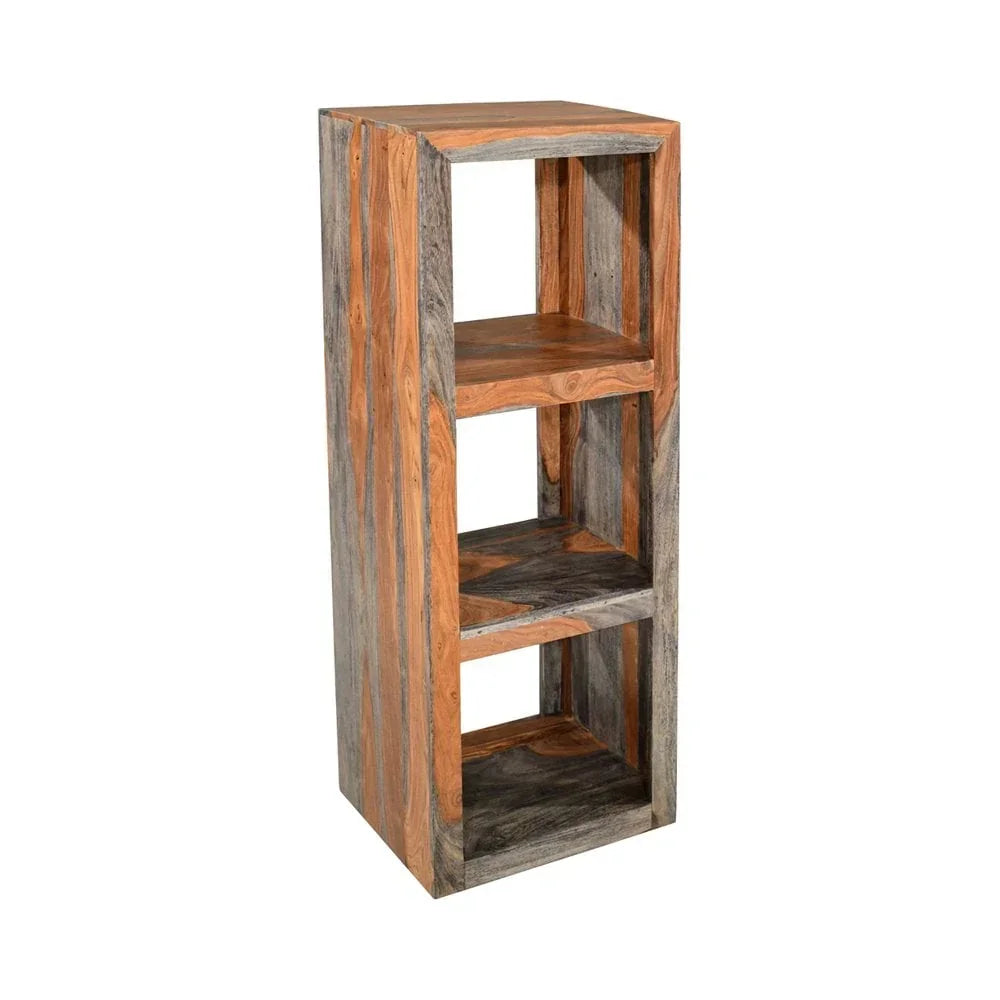 Three tier wooden shelving unit with natural and grey grain finish, shown at an angle