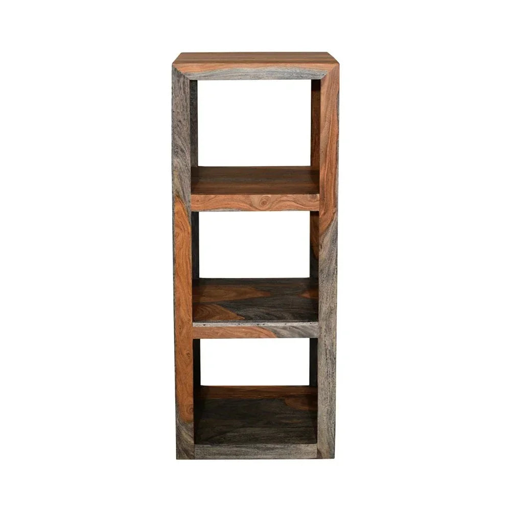 Three tier solid wood shelving unit with natural grain, photographed from the front