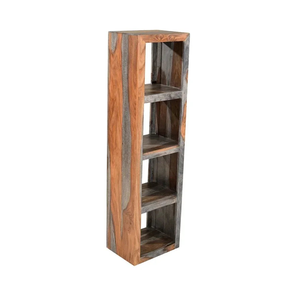 Tall wooden bookcase with four open shelves in natural and grey finish, angled side view