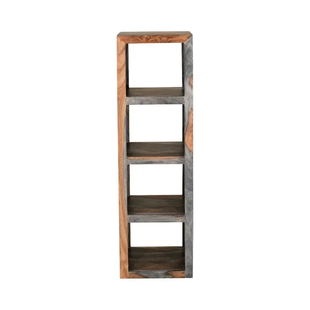 Tall wooden bookcase with four open shelves, natural wood grain finish, front view