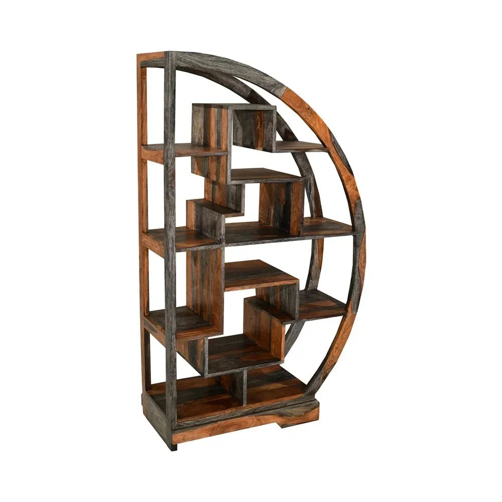 Geometric wooden bookshelf with open back and asymmetrical shelving design
