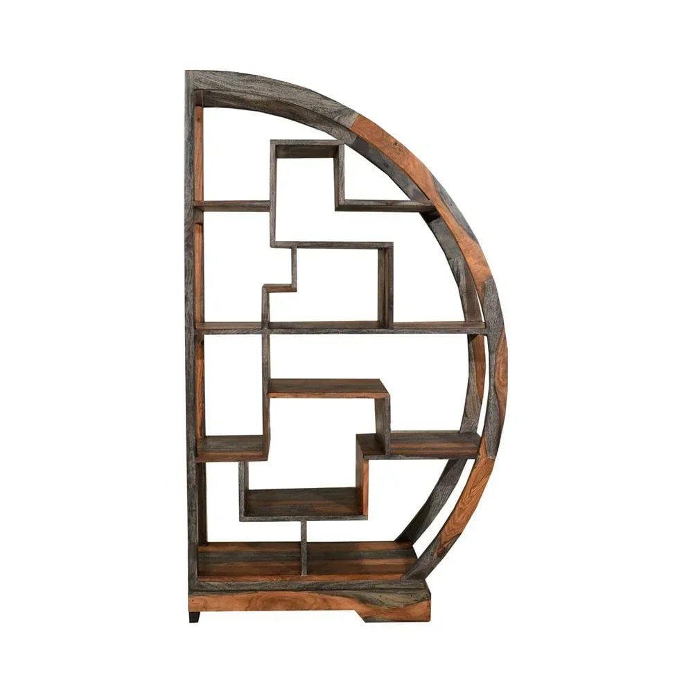 Geometric wood bookcase with half-moon design and multiple open shelving spaces