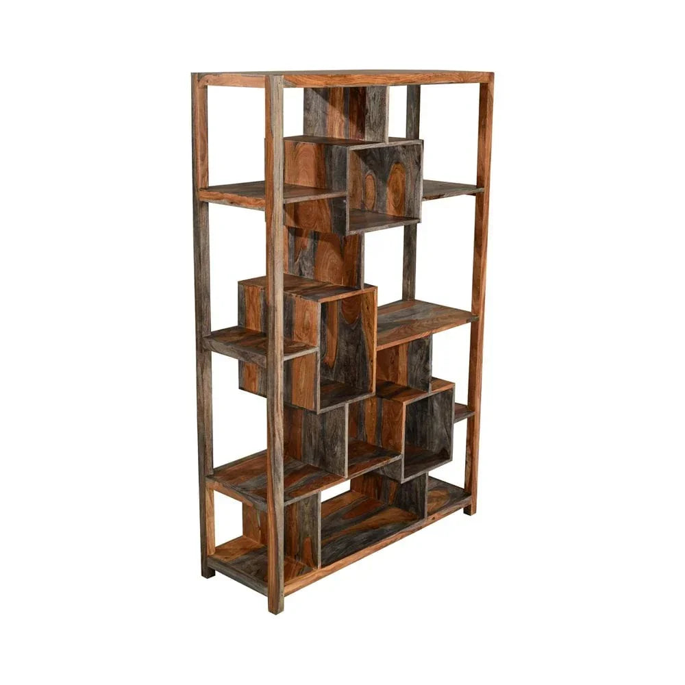 Geometric wooden bookcase with open cube shelving and natural wood finish, angled side view