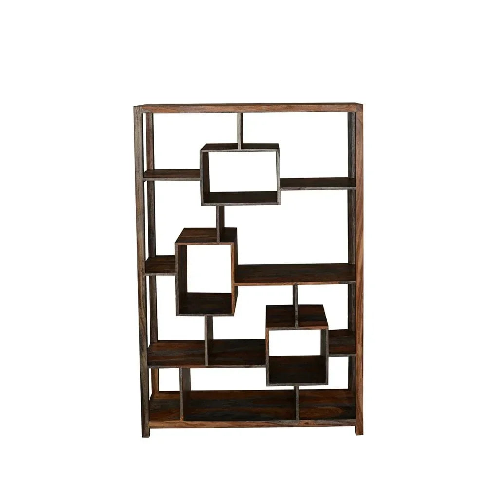 Dark wood bookcase with geometric open shelving and cube design, freestanding display unit