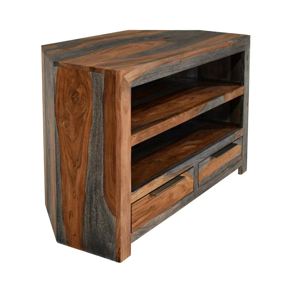 Solid wood corner TV unit with open shelves and two drawers, natural and dark wood finish