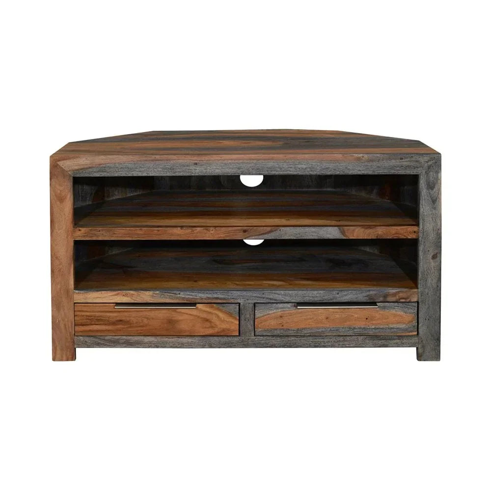Rustic wooden TV unit with shelves and two drawers, natural wood grain finish, front view