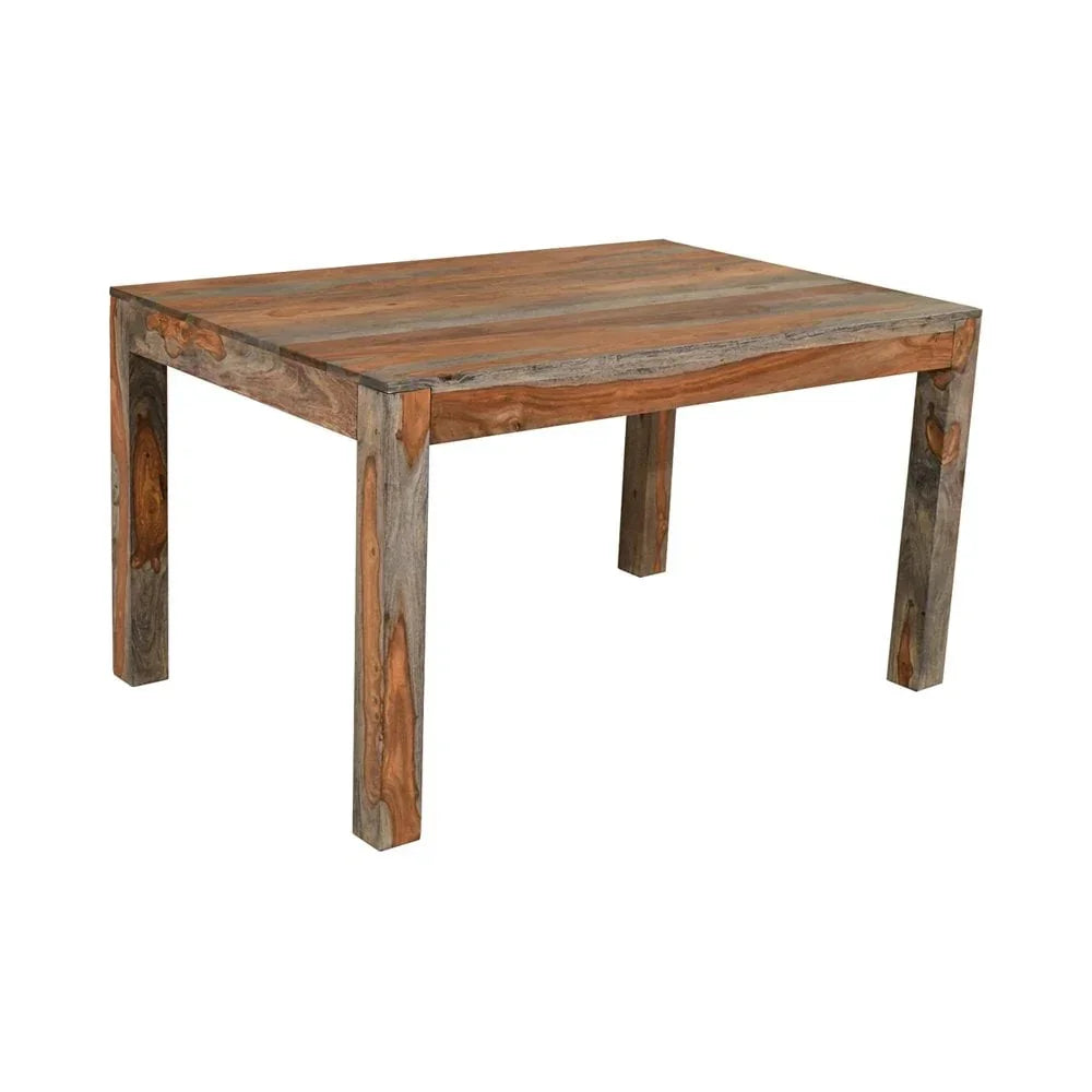 Rectangular solid wood dining table with natural grain and sturdy legs