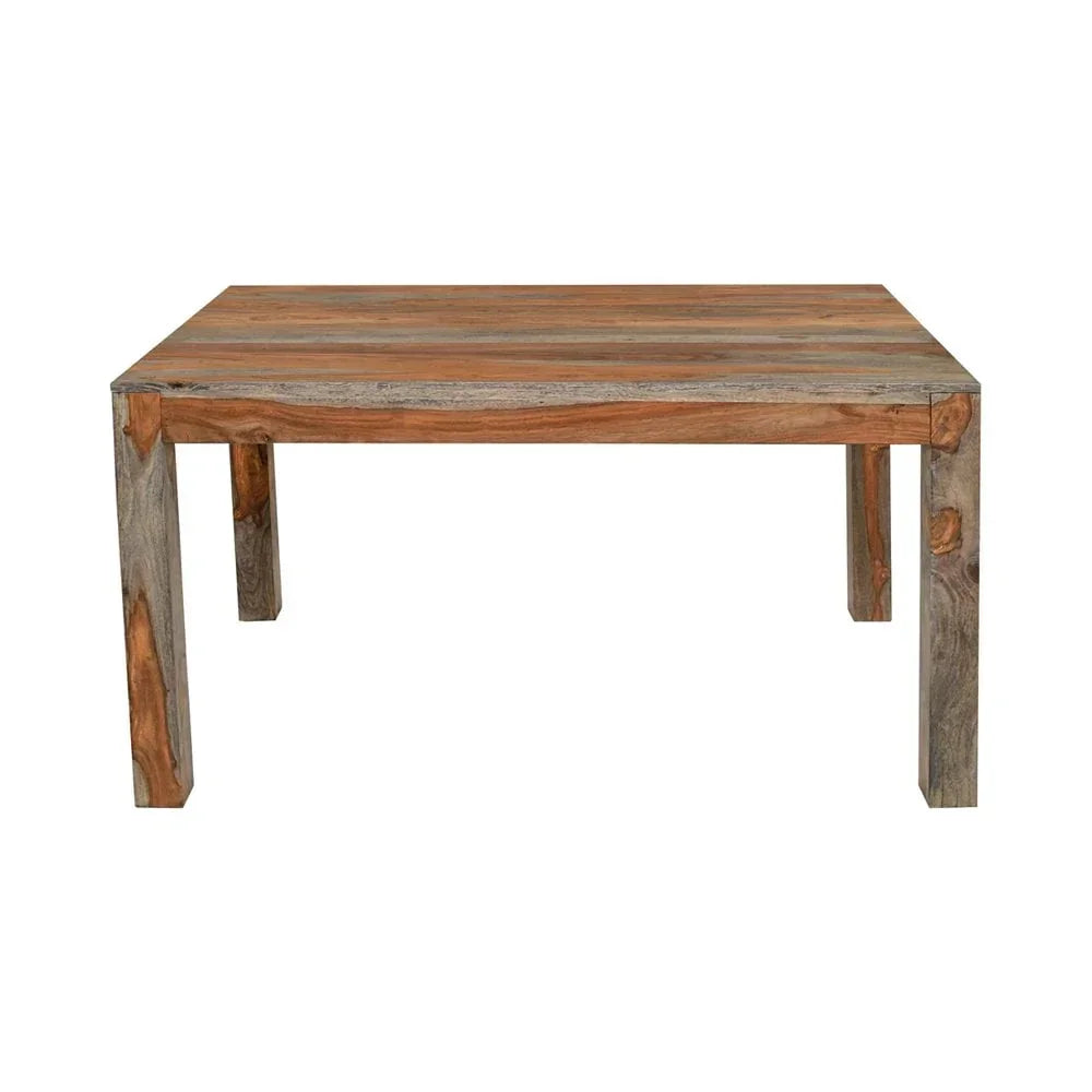 Rectangular solid wood dining table with natural grain and rustic finish, front angle view