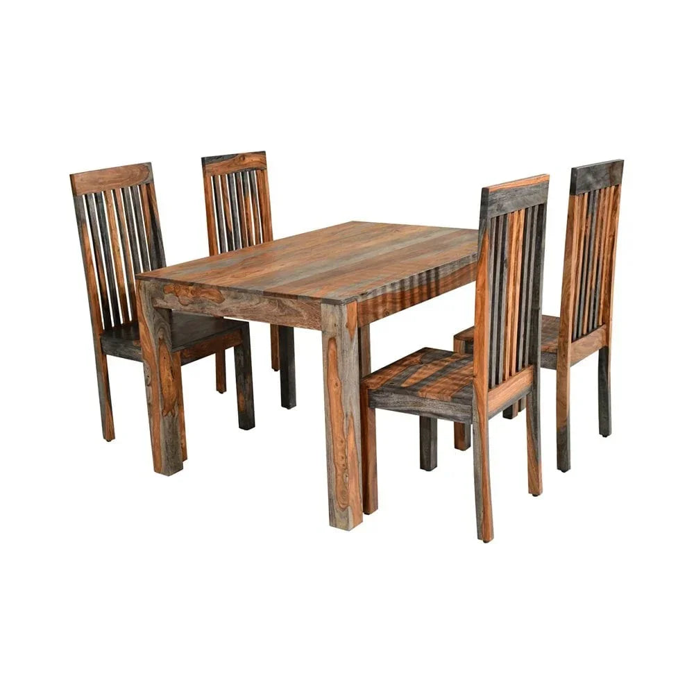 Solid wood dining table with four slatted back chairs in natural finish