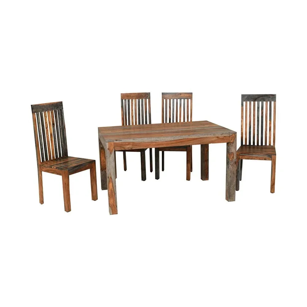 Rustic wood dining table with four slatted back chairs in natural brown finish