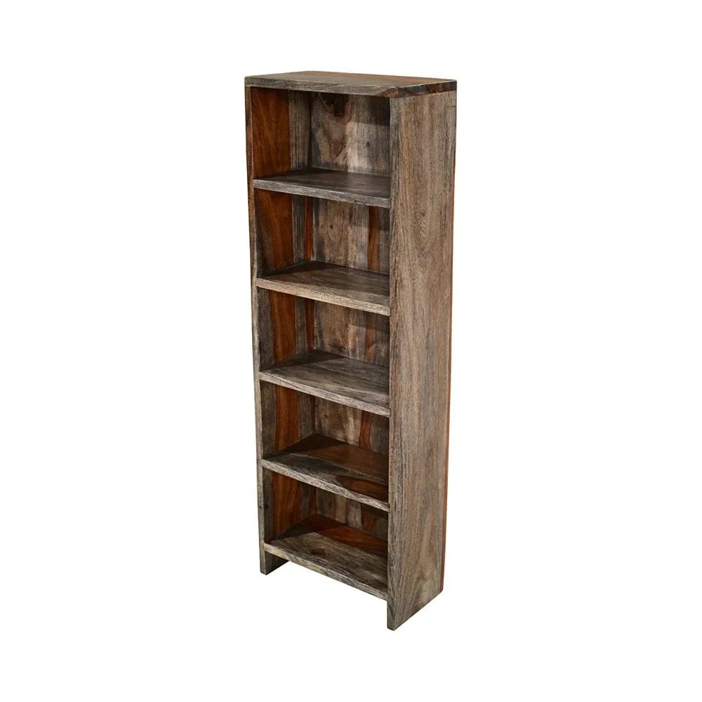 Tall wooden bookcase with five open shelves in natural rustic finish