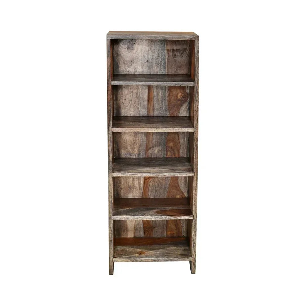 Tall wooden bookcase with five open shelves and natural grain finish