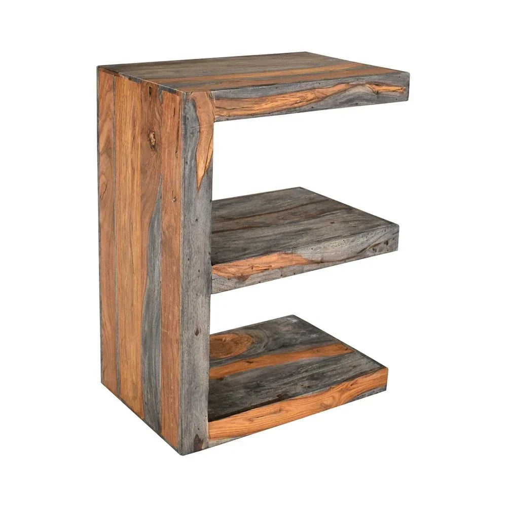 Rustic wooden side table with two open shelves and natural wood grain finish