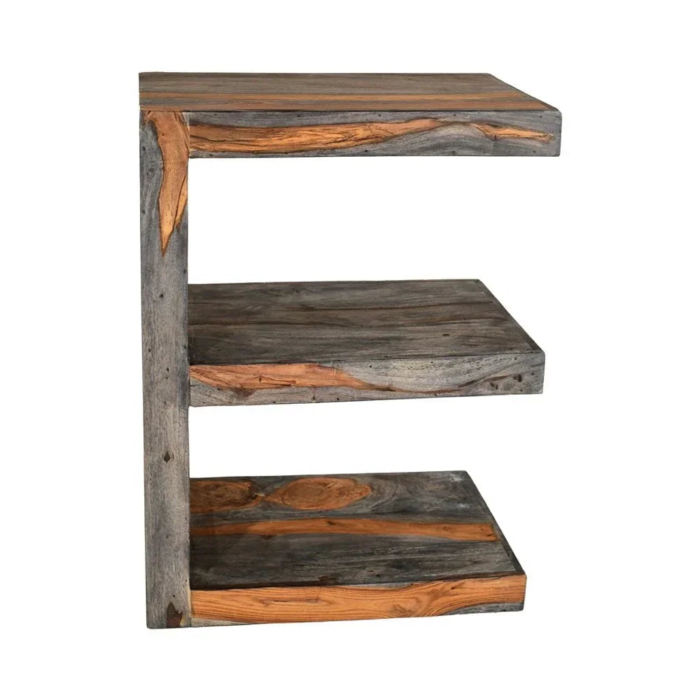 Rustic wooden side table with two open shelves and natural wood grain details