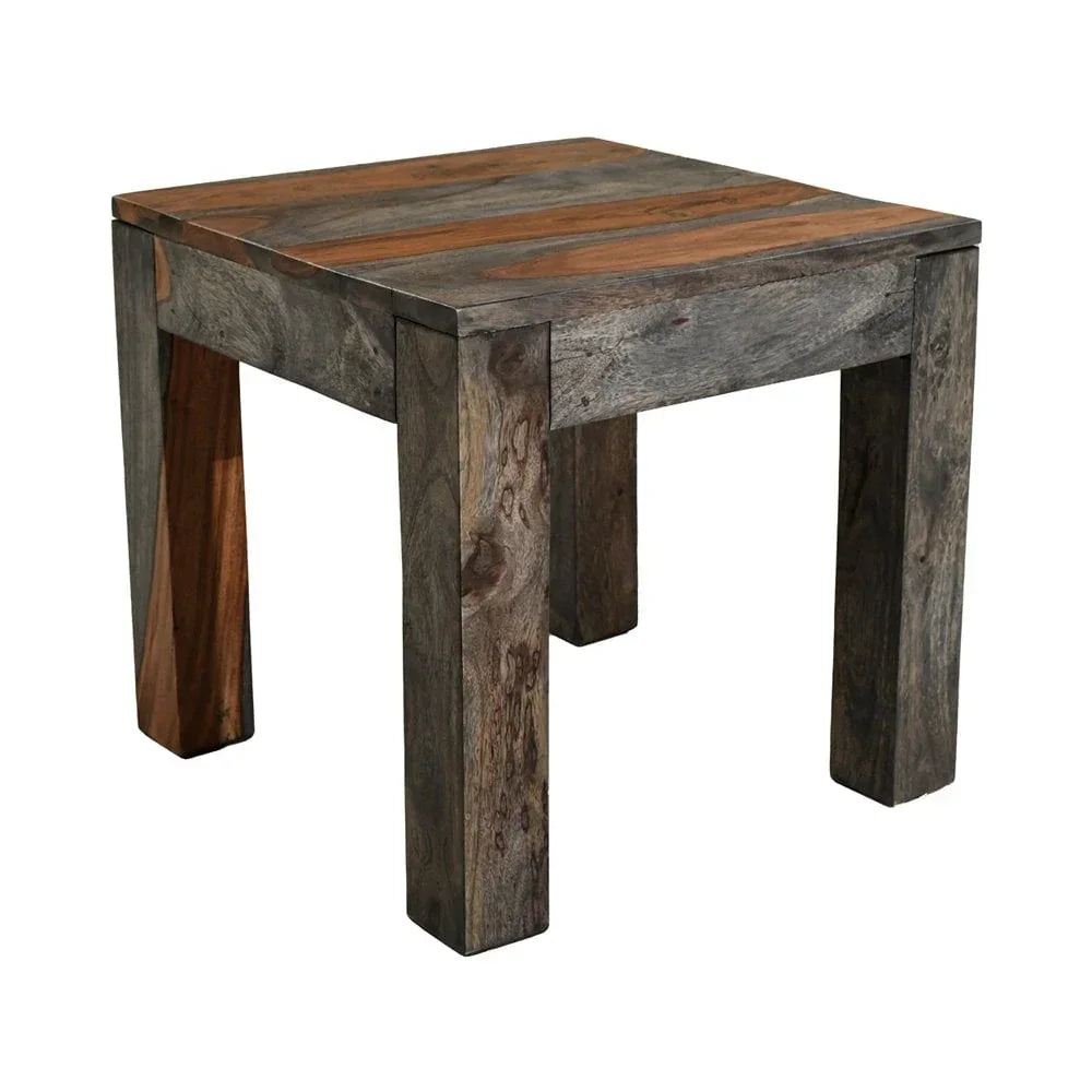 Square rustic wood side table with visible grain and thick legs, front angle view