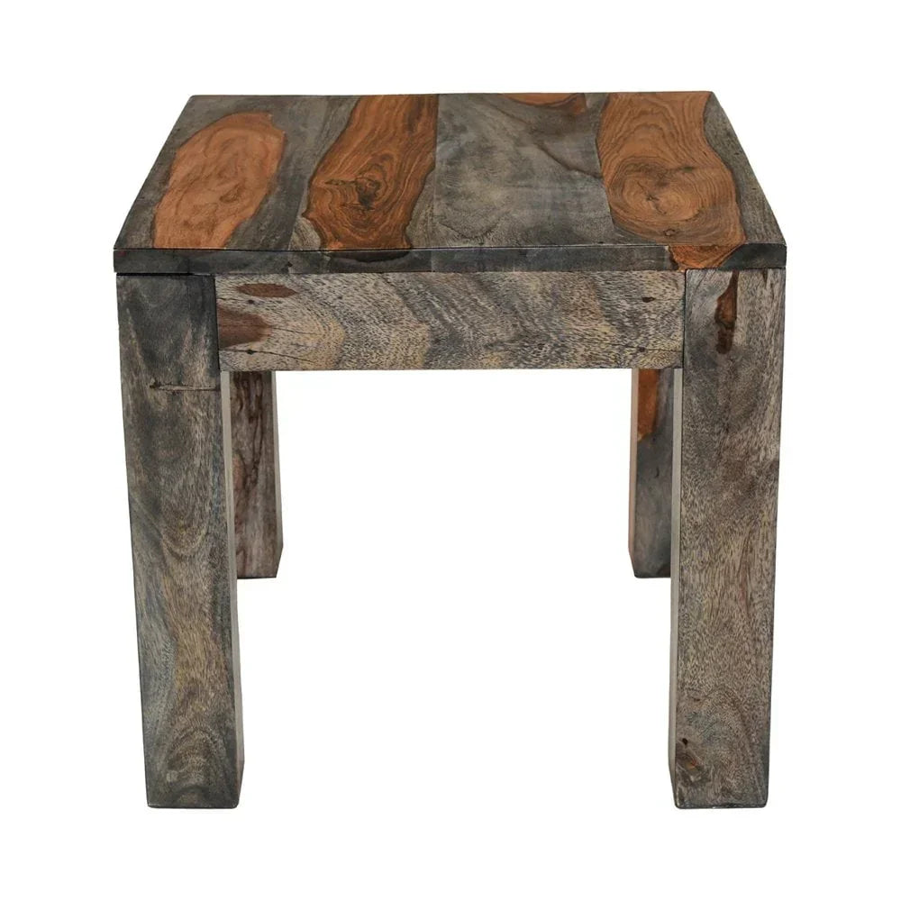 Sheesham wood side table with natural grain and square legs, front angle view
