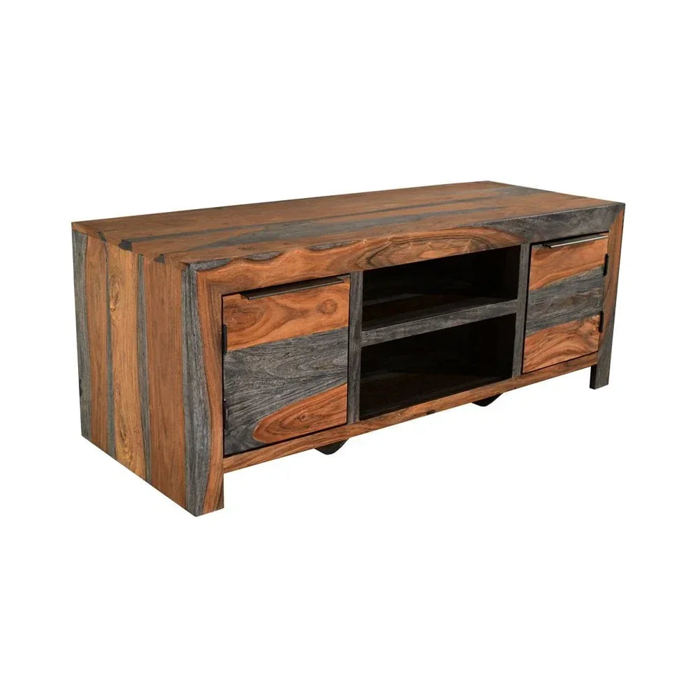 Sheesham wood TV unit with two doors, two drawers, and open shelving, rustic finish
