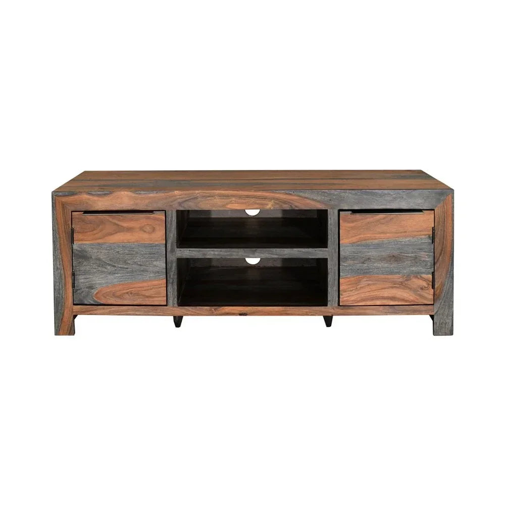Solid wood TV unit with two doors, open shelves, natural and grey finish, front view