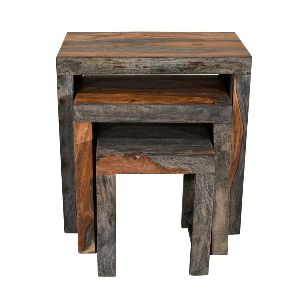 Set of three wooden nesting tables with a natural finish and rectangular shape