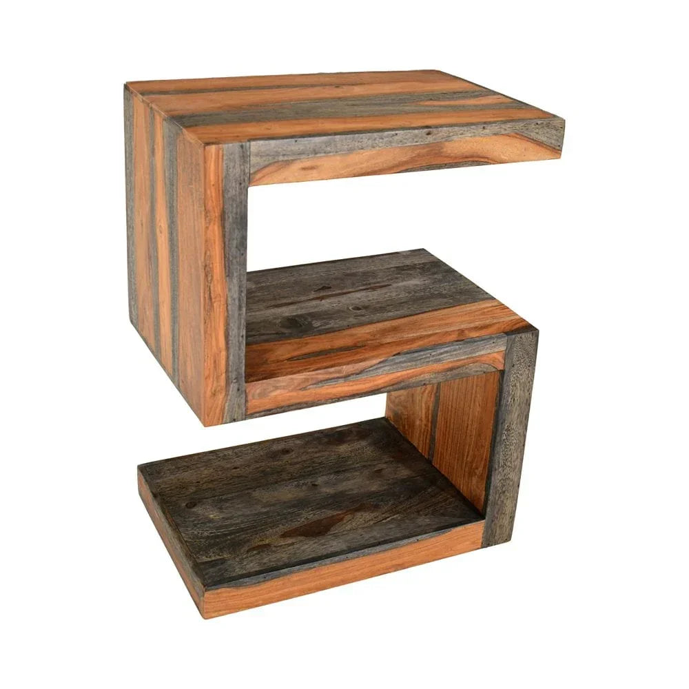 Geometric wooden side table with open shelves in natural and dark wood finishes