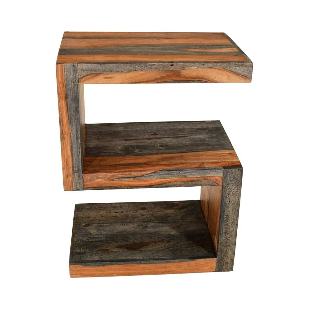 Reclaimed wood side table with two-tier shelf and natural grain finish