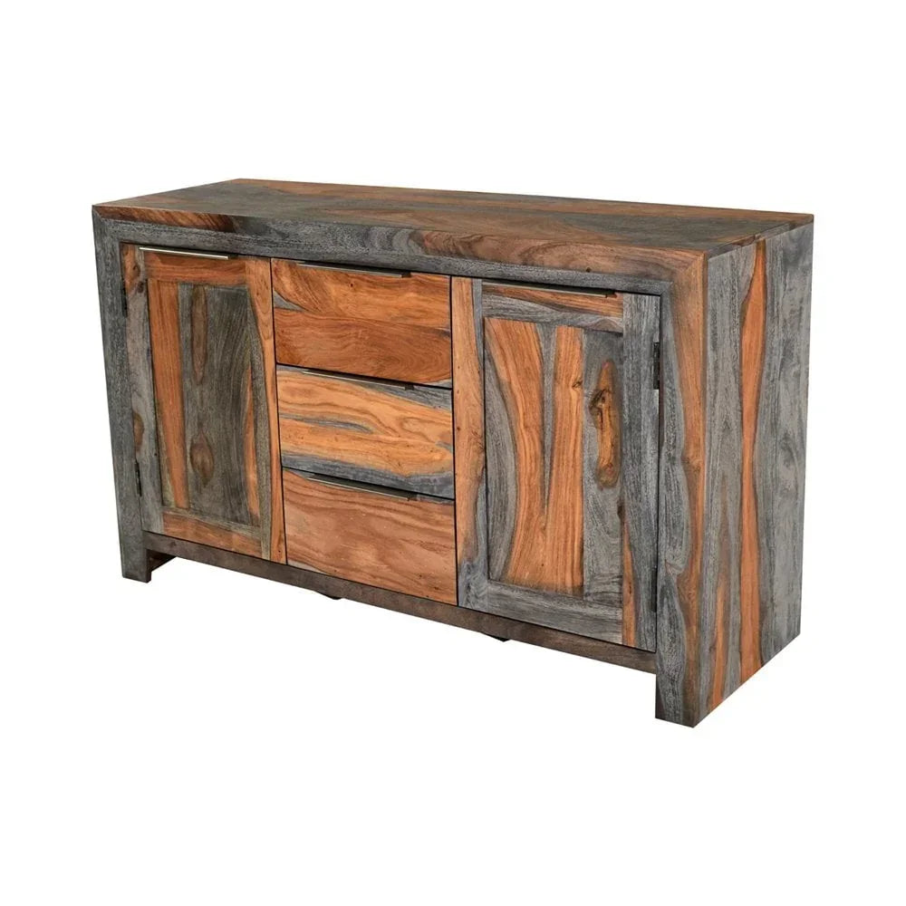 Solid wood sideboard with natural and grey tones, two doors and three central drawers