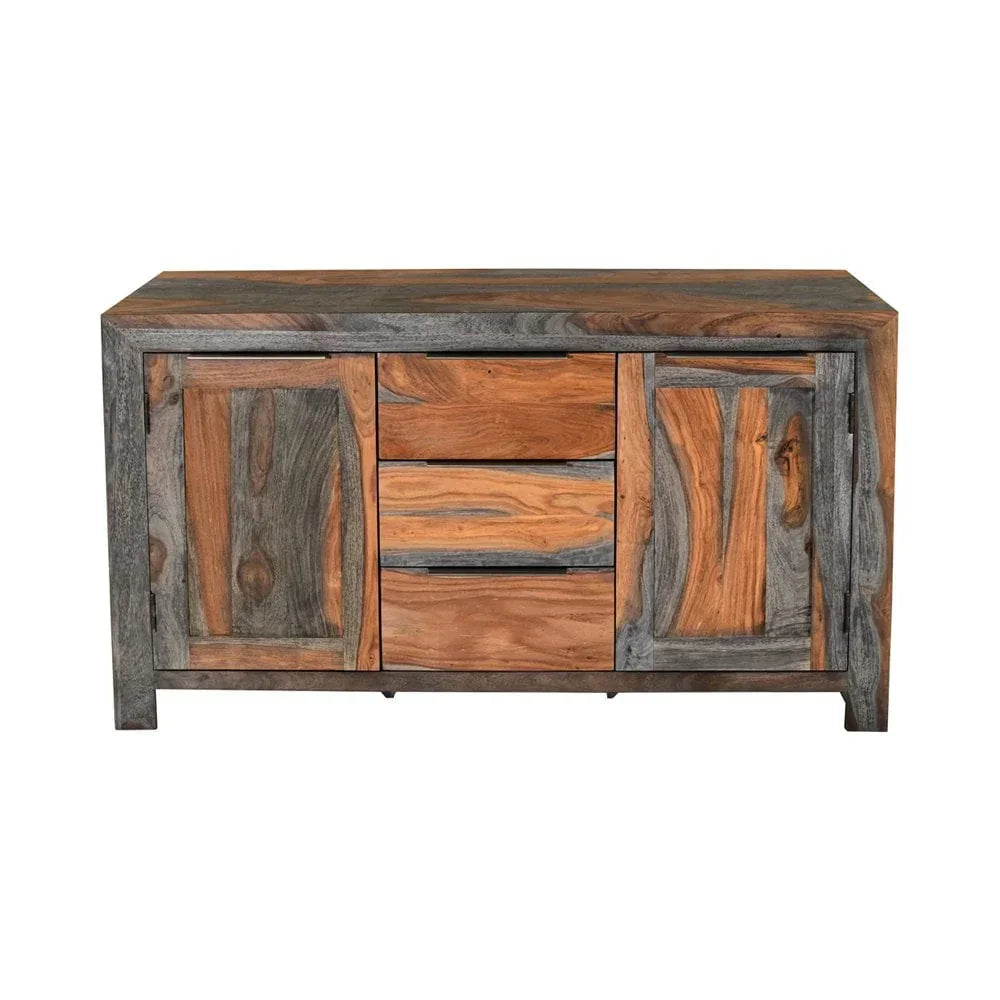 Solid wood sideboard with natural grain, two doors and three drawers, front view