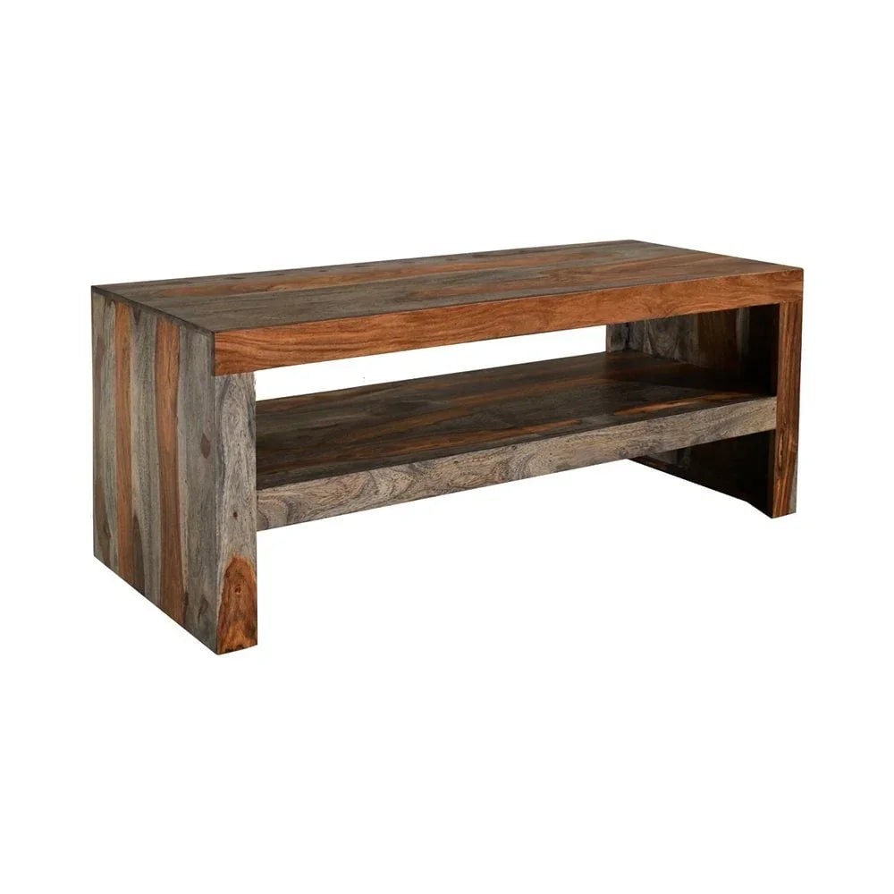 Rectangular solid wood coffee table with open shelf and natural grain finish