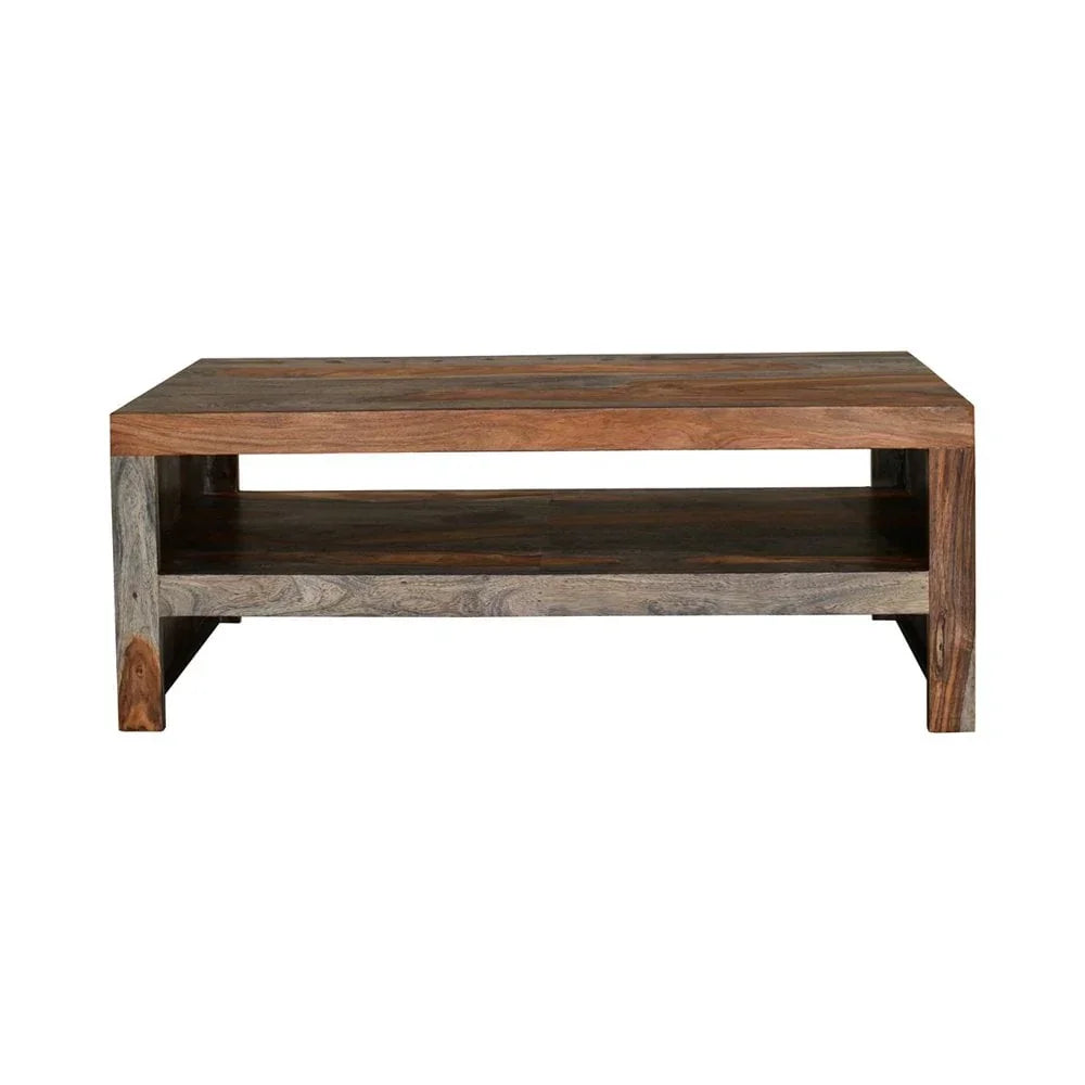 Solid wood coffee table with storage shelf and natural wood grain finish, front view