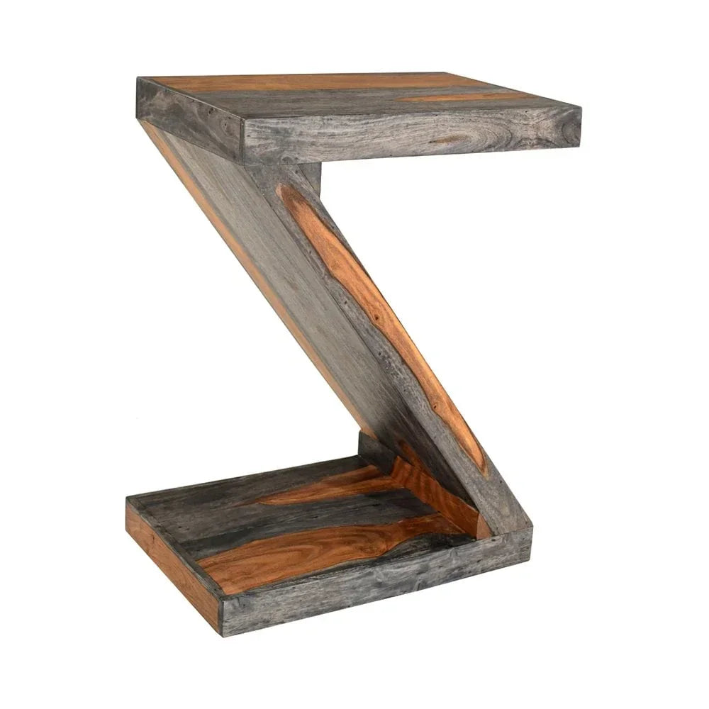 Z-shaped wooden side table with natural grey and brown grain finish