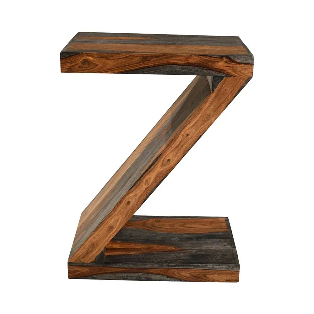 Z-shaped wooden side table with natural brown and black grain finish