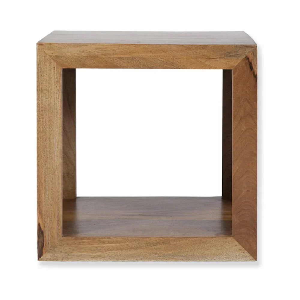 Square wooden side table with open cube design and natural finish, front view