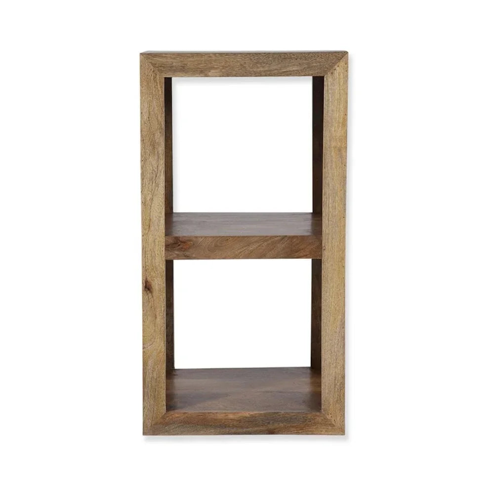 Rectangular wooden shelving unit with two open shelves and natural finish