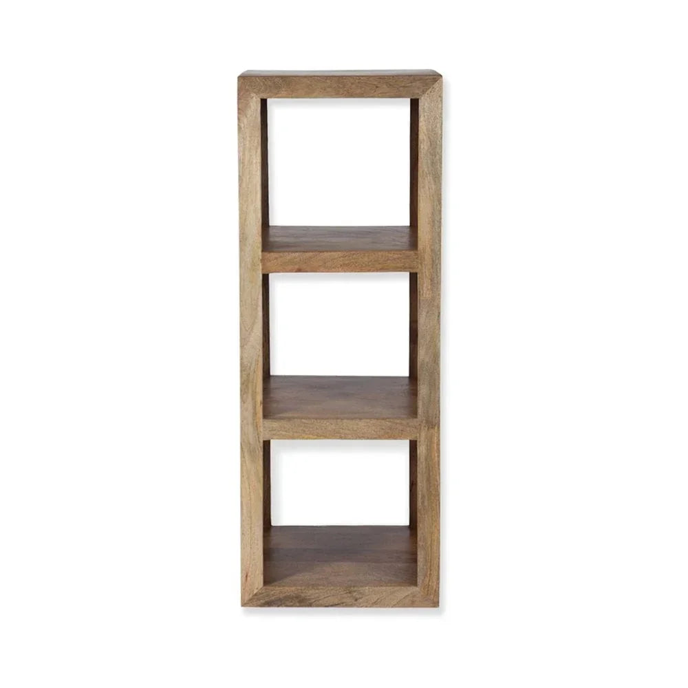 Three tier wooden shelving unit with open square compartments, natural finish