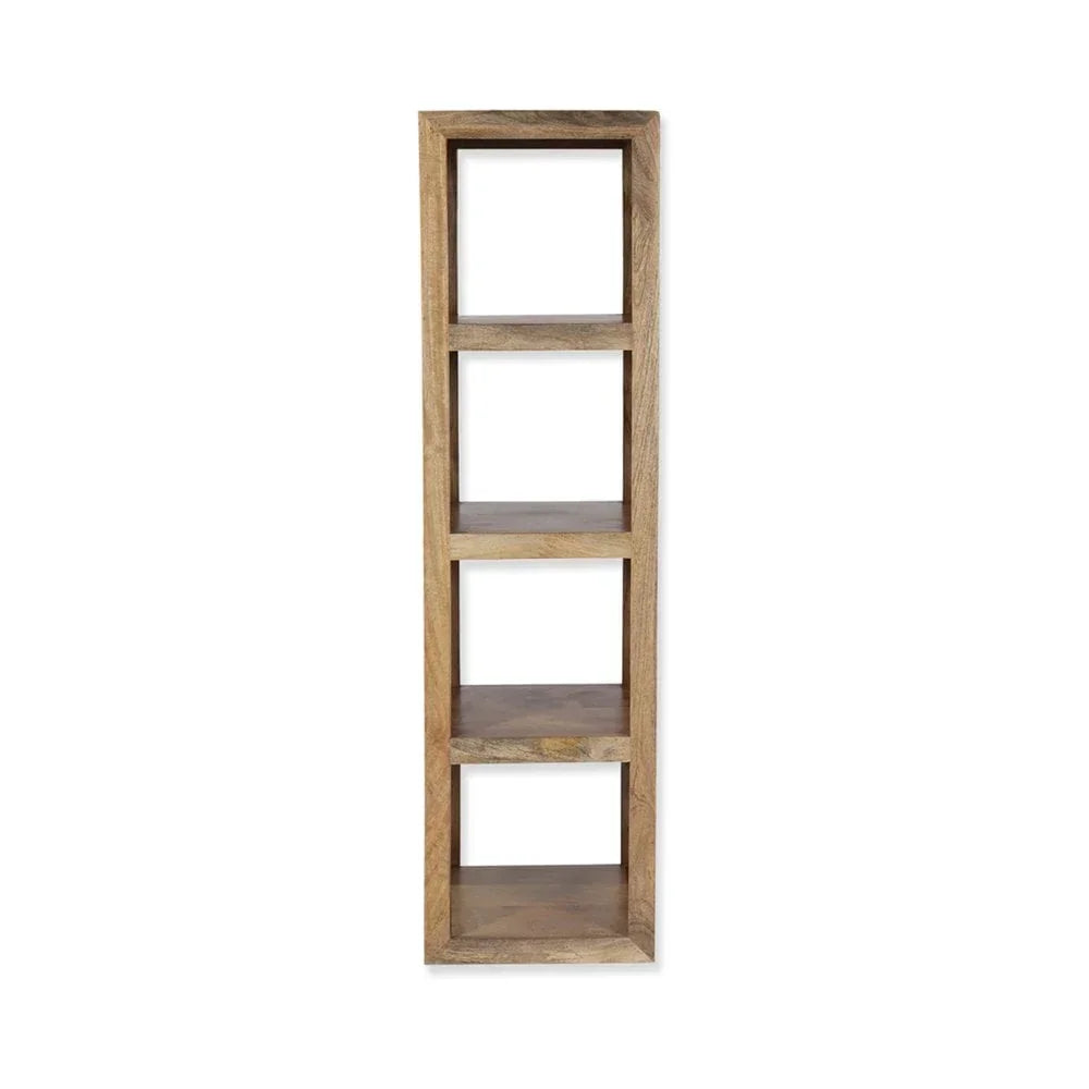 Tall wooden shelving unit with four open square shelves, natural wood finish