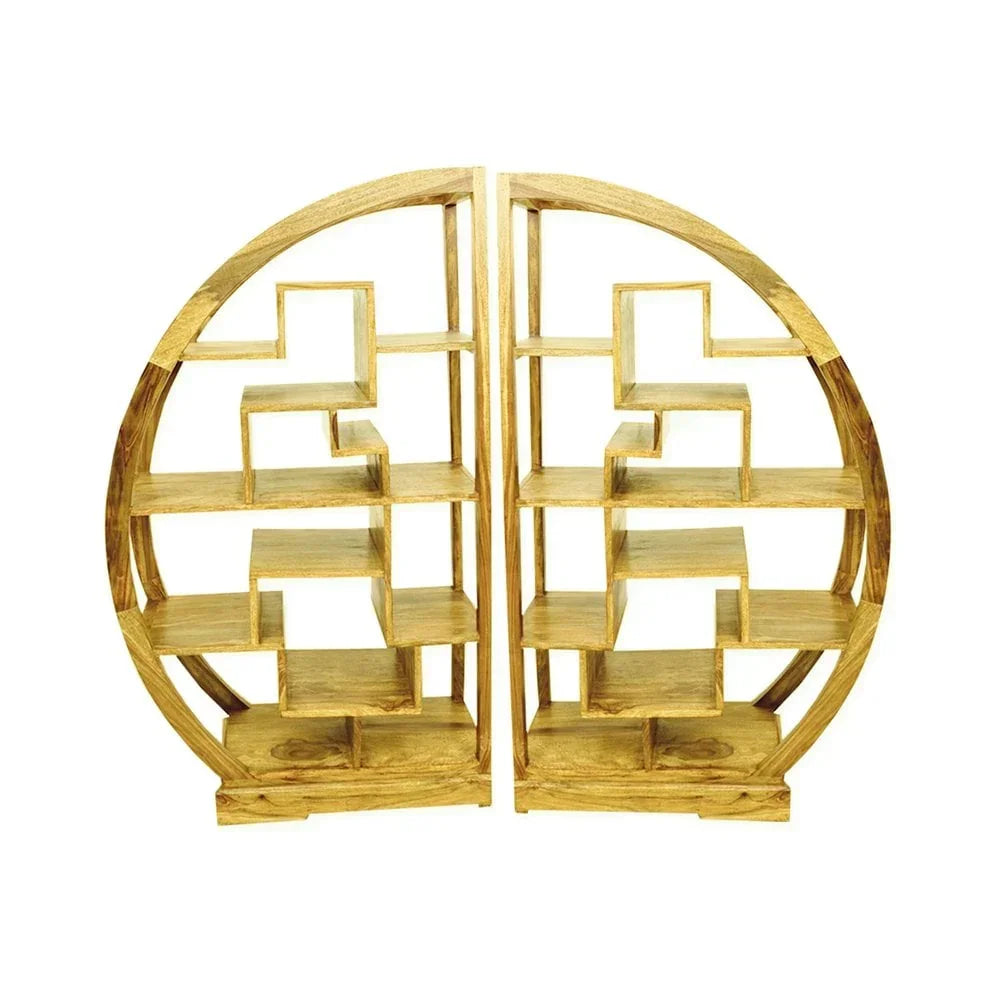 Round wooden display shelf with geometric open shelving and natural finish