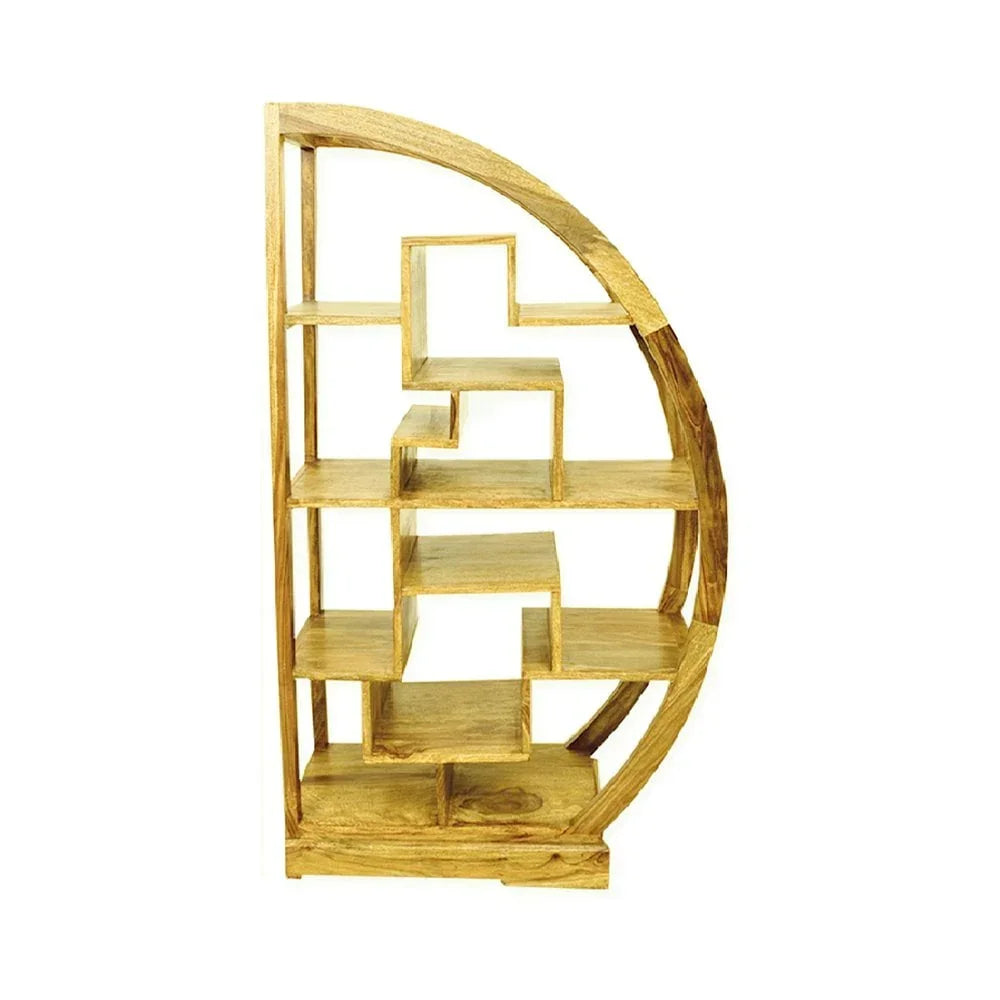 Solid wood geometric bookshelf with semi-circle frame and staggered open shelves