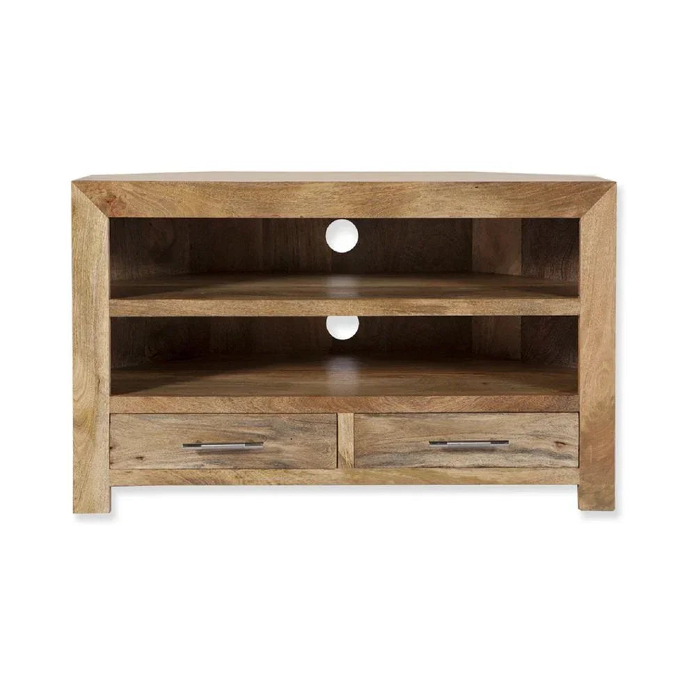 Wooden TV unit with open shelves, two drawers, and cable management holes