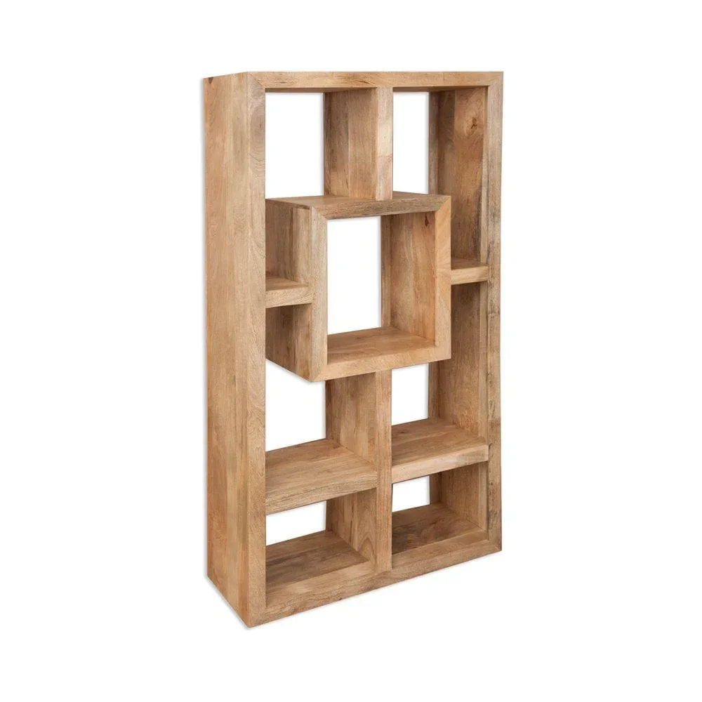 Natural wood bookcase with geometric open shelving and multiple storage compartments