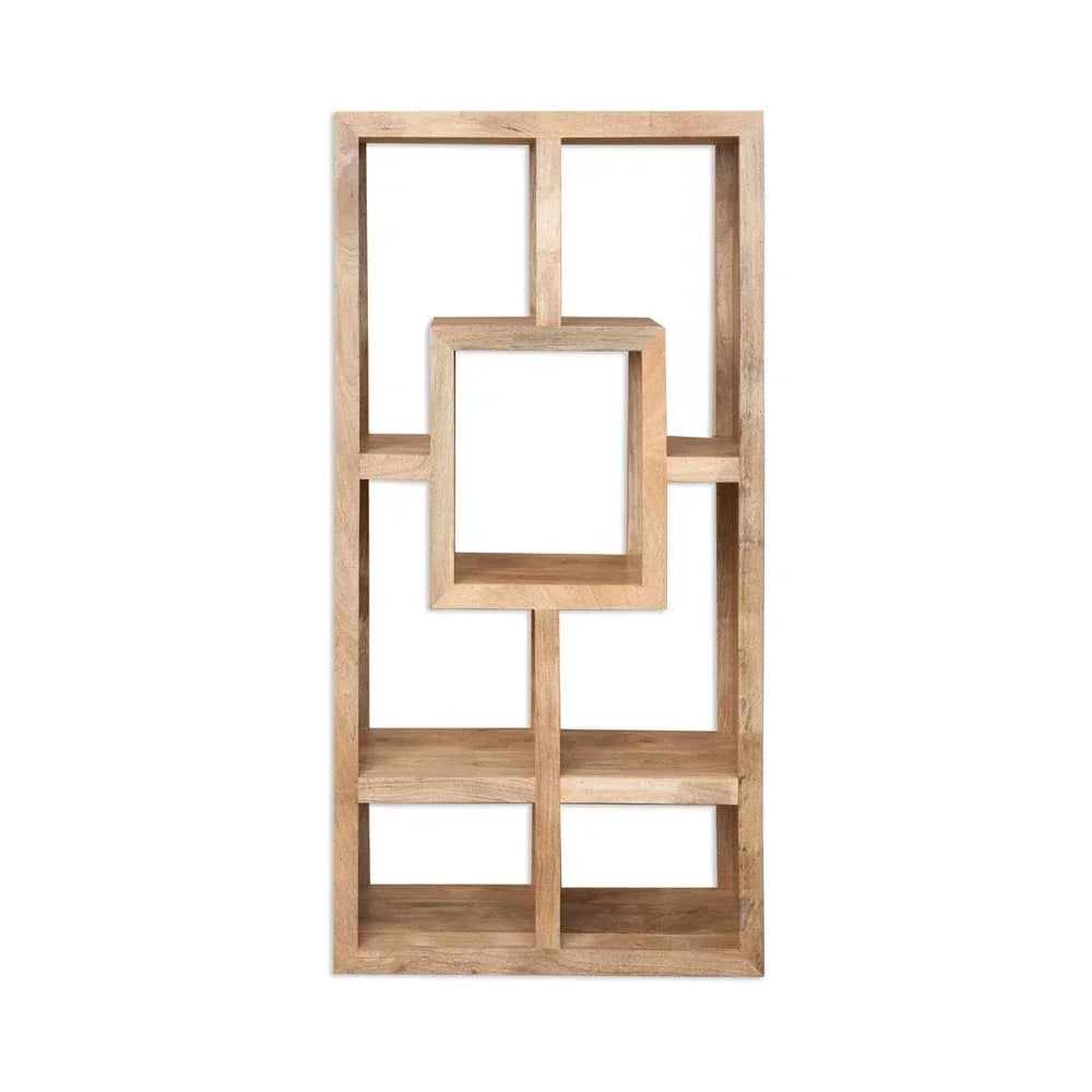 Geometric wooden bookcase with open shelving in natural finish, shown front facing