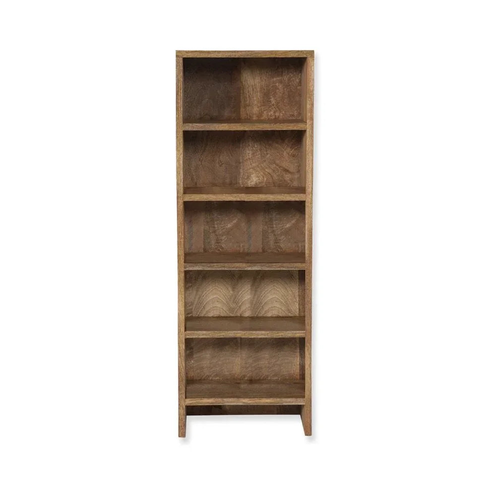 Tall wooden bookcase with five open shelves, natural wood grain finish, front facing view