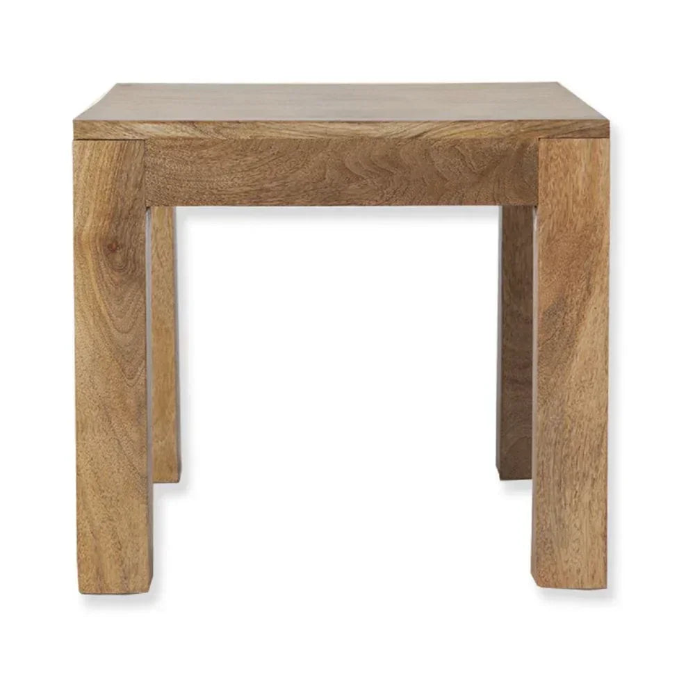 Rectangular solid wood side table with natural grain and straight legs, front view