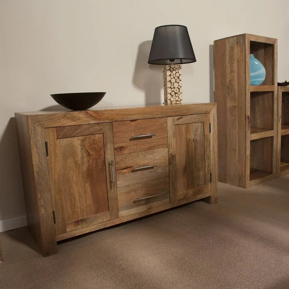 Solid wood sideboard with two doors, three drawers, black lamp and bowl on top